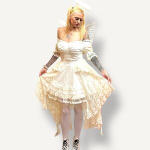 Dark-in-Love Ivory Cocktail Dress • Hi-Lo Skirt • Lace back Bodice • Size Large